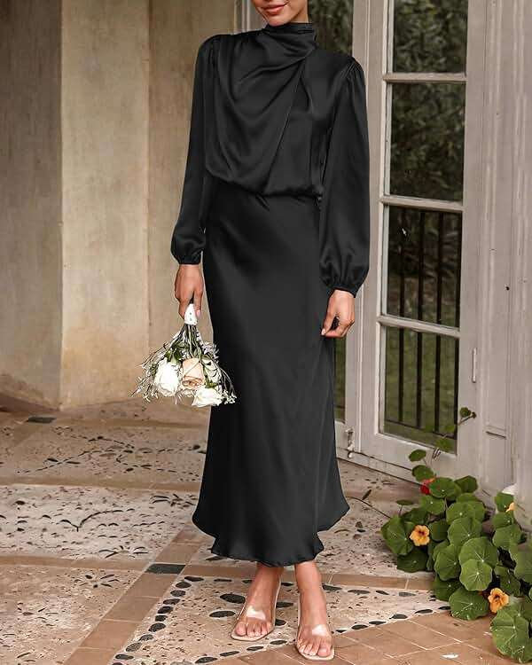 BTFBM Womens Mock Neck Satin Dress Spring Summer 2026 Long Sleeve Lightweight Formal Wedding Party Maxi Cocktail Dresses - Image 3