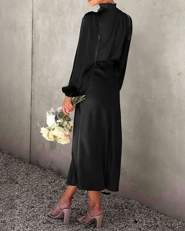 BTFBM Womens Mock Neck Satin Dress Spring Summer 2026 Long Sleeve Lightweight Formal Wedding Party Maxi Cocktail Dresses - Image 4