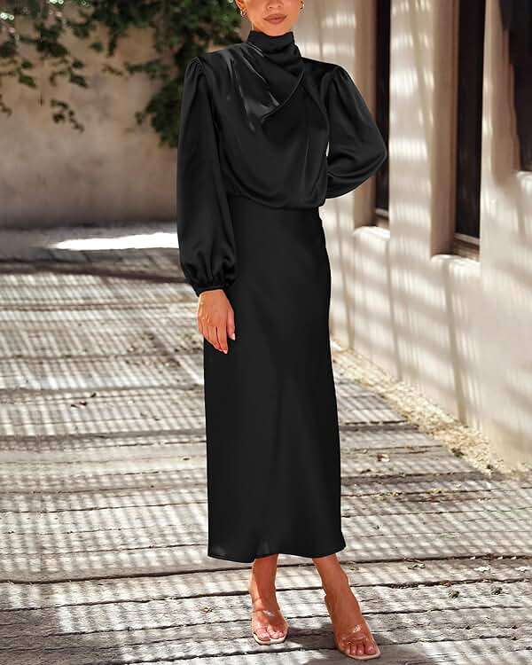 BTFBM Womens Mock Neck Satin Dress Spring Summer 2026 Long Sleeve Lightweight Formal Wedding Party Maxi Cocktail Dresses - Image 5