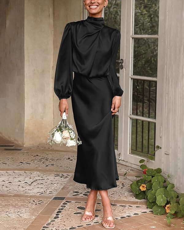 BTFBM Womens Mock Neck Satin Dress Spring Summer 2026 Long Sleeve Lightweight Formal Wedding Party Maxi Cocktail Dresses - Image 6