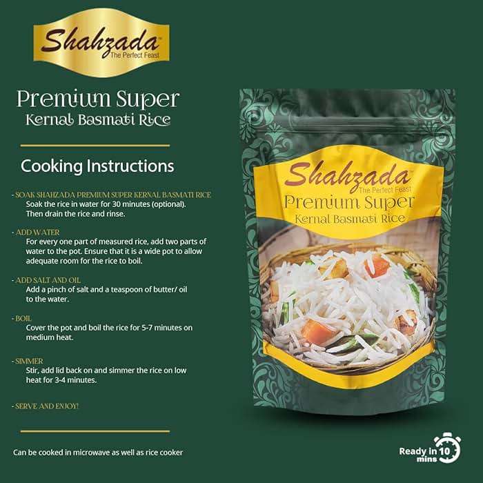 Shahzada Premium Super Kernal Basmati Rice (02 Lbs.) Aromatic Basmati, AGED, Flavorful, Slender |Non-Sticky Grain for Delicious Dining Experience, Non-GMO, Vegan, Gluten Free, Soy Free, No Cholesterol, Resealable Zip-Lock Bag | 02 Pound Packing - Image 2