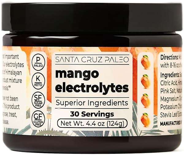 Santa Cruz Paleo Electrolyte Powder, Mango Flavor, Sugar Free Hydration Drink Mix with Himalayan Pink Salt, Sea Salt, Magnesium Glycinate, Potassium Chloride, Sweetened with Stevia, 30 Servings - Image 1