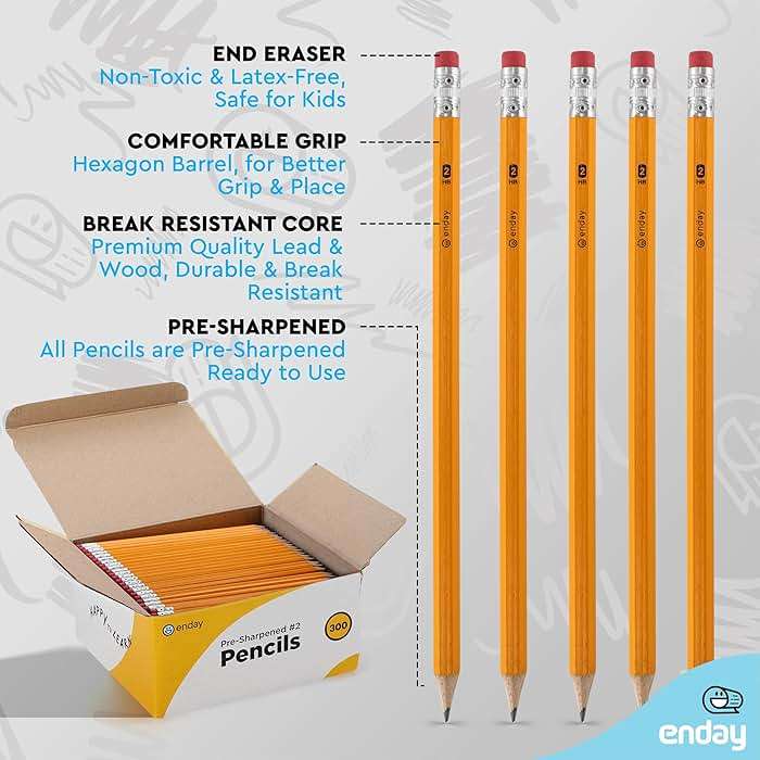 Enday #2 Pencils Bulk - 300 Pack - Pre-sharpened pencils #2 Wood-Cased Yellow Sharpened Pencils for Kids with Latex-Free Eraser Top for Office and Classroom Supplies. - Image 7