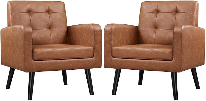 Yaheetech Mid-Century Accent Chairs, PU Leather Modern Upholstered Living Room Chair, Cozy Armchair Button Tufted Back and Wood Legs for Bedroom/Office/Cafe, Retro Brown 2 PCS - Product Image