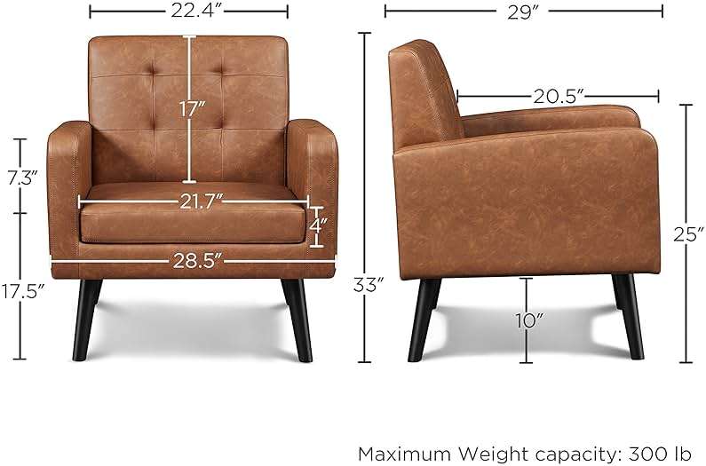 Yaheetech Mid-Century Accent Chairs, PU Leather Modern Upholstered Living Room Chair, Cozy Armchair Button Tufted Back and Wood Legs for Bedroom/Office/Cafe, Retro Brown 2 PCS - Image 3