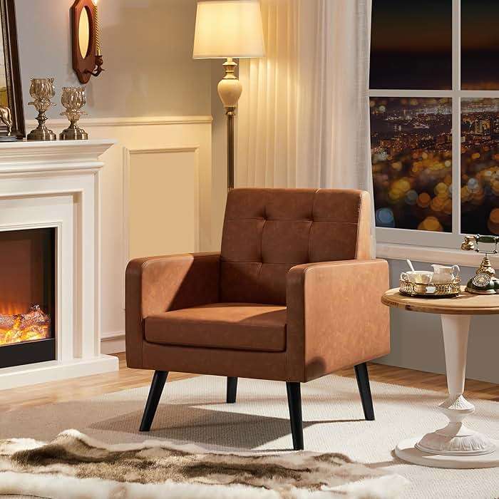 Yaheetech Mid-Century Accent Chairs, PU Leather Modern Upholstered Living Room Chair, Cozy Armchair Button Tufted Back and Wood Legs for Bedroom/Office/Cafe, Retro Brown 2 PCS - Image 4