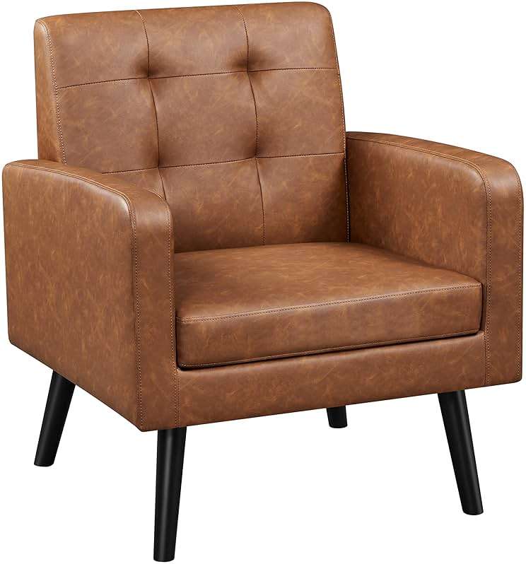 Yaheetech Mid-Century Accent Chairs, PU Leather Modern Upholstered Living Room Chair, Cozy Armchair Button Tufted Back and Wood Legs for Bedroom/Office/Cafe, Retro Brown 2 PCS - Image 7