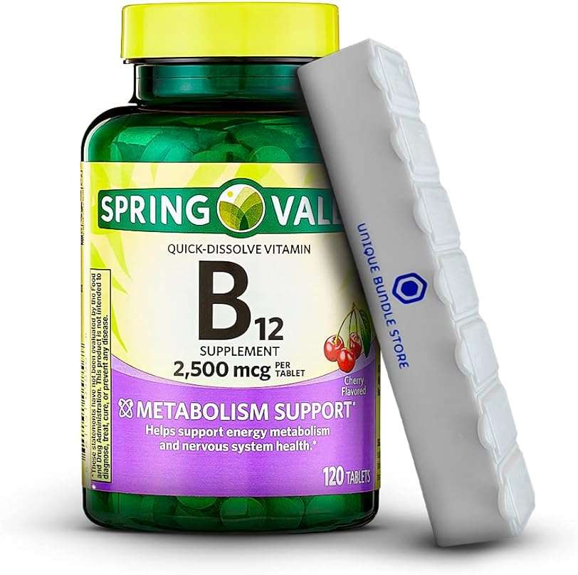Unique Bundle Store Spring Valley, Vitamin B12 2500 MCG, B12 Quick-Dissolve Cherry Flavor Tablets Dietary Supplement, Vitamin B12, 120 Count + 7 Day Pill Organizer Included (Pack of 1) - Image 1
