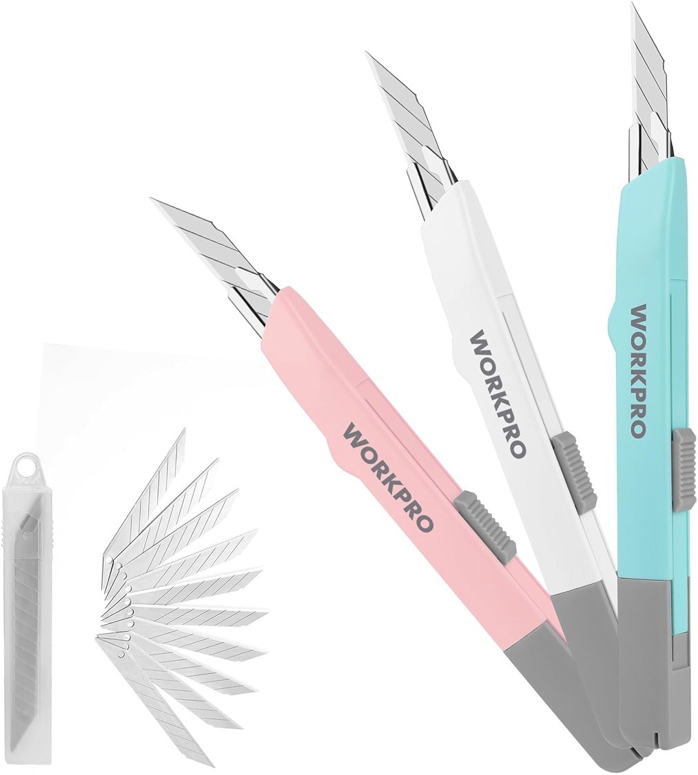 WORKPRO Premium Utility Knife Retractable Snap-off blade, Gift for Men/Women Heavy Duty Box Cutter Set, Razor Knife Exacto Craft Knives, with 10 Extra 9mm Blades, Pack of 3 - Product Image