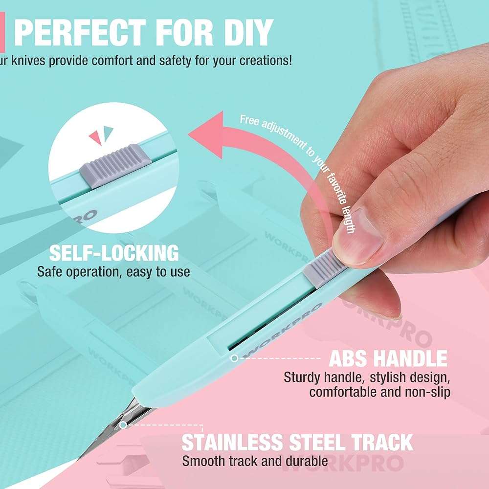 WORKPRO Premium Utility Knife Retractable Snap-off blade, Gift for Men/Women Heavy Duty Box Cutter Set, Razor Knife Exacto Craft Knives, with 10 Extra 9mm Blades, Pack of 3 - Image 4