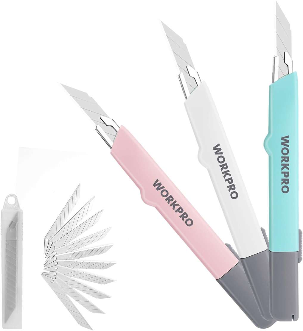 WORKPRO Premium Utility Knife Retractable Snap-off blade, Gift for Men/Women Heavy Duty Box Cutter Set, Razor Knife Exacto Craft Knives, with 10 Extra 9mm Blades, Pack of 3 - Image 9