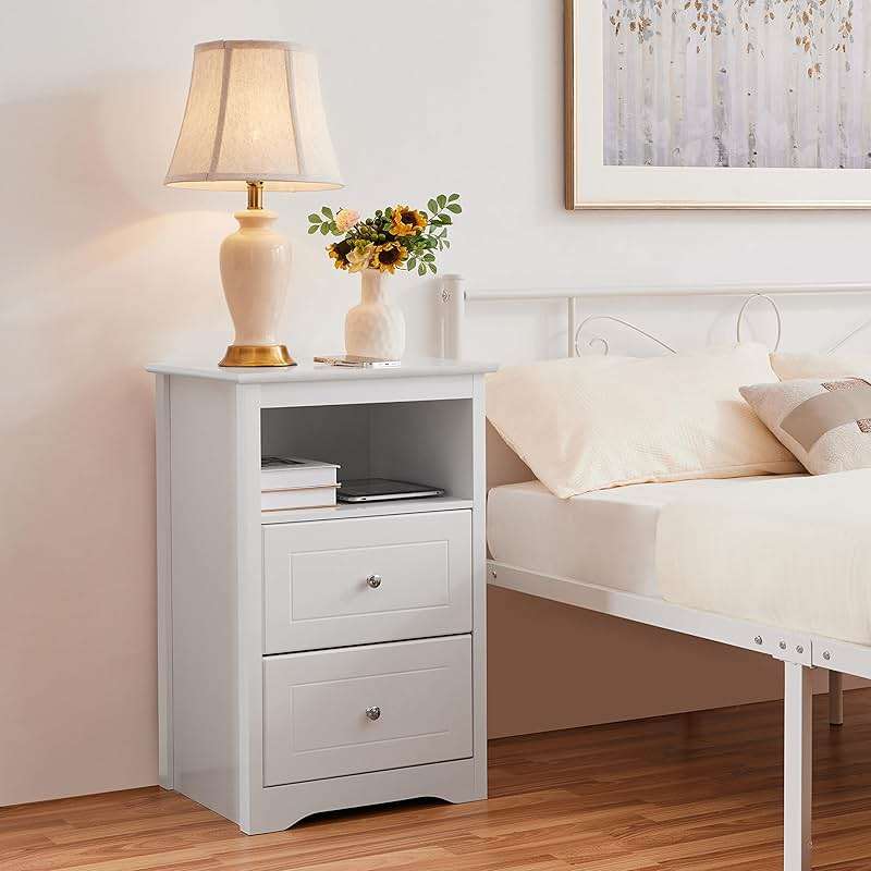 Yaheetech Nightstand with 2 Drawer and 1 Open Shelf, 29" Tall Bedside Table Wooden Flie Cabinet Telephone Table Bed Side Table with Storage for Bedroom White - Image 2