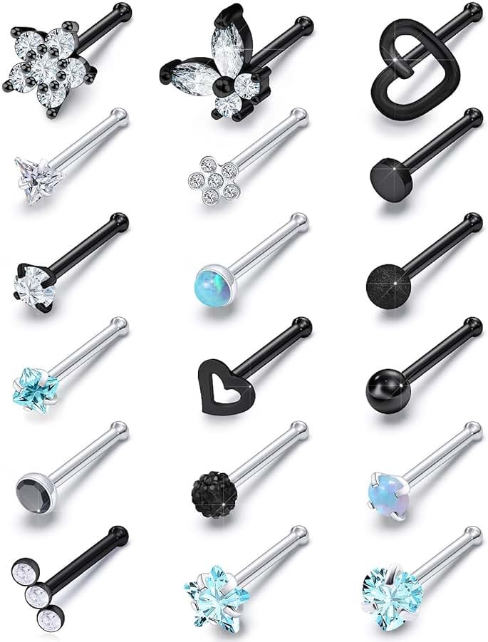 Gadeaila Surgical Steel Nose Ring 20G - Hypoallergenic Nose Studs With Cute Flat Opal Flower Diamond Heart - Straight L Shaped Purple, Pink, Black, Silver for Women Men Gift - Product Image