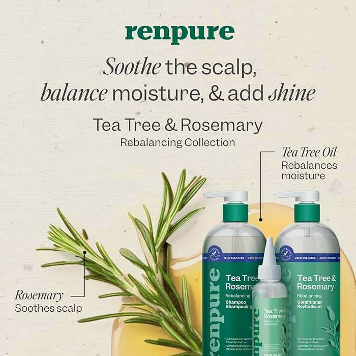 Renpure Tea Tree & Rosemary Shampoo and Conditioner Set, Plant Based - Refreshes & Rebalances Hair and Scalp - For Oily/Normal Hair - Tea Tree Leaf Oil, Rosemary Leaf Extract - 24 Fl Oz each, 2 Pack - Image 4