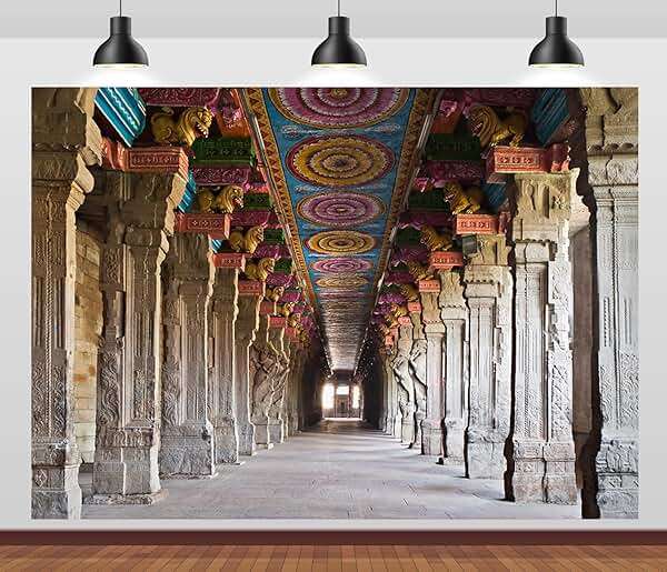 Loccor Fabric 7x5ft Hindu Temple Backdrop Indian Meenakshi Temple Traditional Cultural Pattern Photography Background Indian Landmark Religious Travel Portrait Photo Booth Studio Props Wallpaper - Image 2