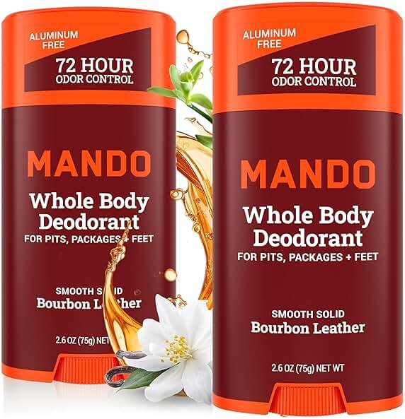 Mando Whole Body Deodorant For Men - Smooth Solid Stick - 72 Hour Odor Control - Aluminum Free, Baking Soda Free, Skin Safe - 2.6 Ounce (Pack of 2) - Bourbon Leather - Product Image
