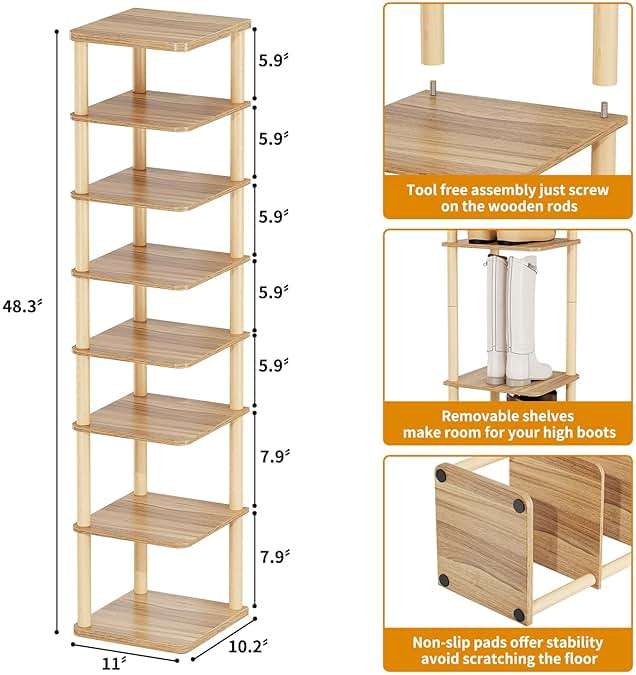 LUCKNOCK Vertical Shoe Rack, 8-Tier Tall Narrow Shoe Organizer for Entryway, Closet, Dorm & Small Spaces, Freestanding Wooden Shoe Shelf Tower for Boots, Sneakers, Heels. (Walnut) - Image 2