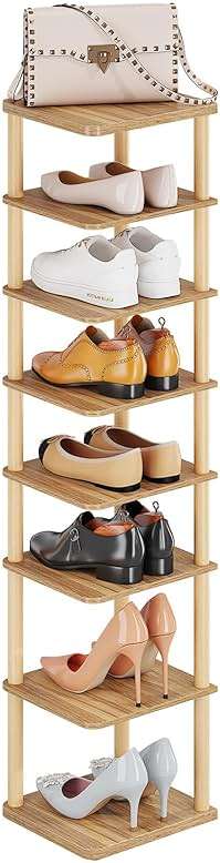 LUCKNOCK Vertical Shoe Rack, 8-Tier Tall Narrow Shoe Organizer for Entryway, Closet, Dorm & Small Spaces, Freestanding Wooden Shoe Shelf Tower for Boots, Sneakers, Heels. (Walnut) - Image 3