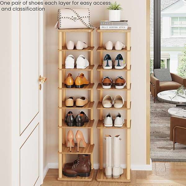 LUCKNOCK Vertical Shoe Rack, 8-Tier Tall Narrow Shoe Organizer for Entryway, Closet, Dorm & Small Spaces, Freestanding Wooden Shoe Shelf Tower for Boots, Sneakers, Heels. (Walnut) - Image 4