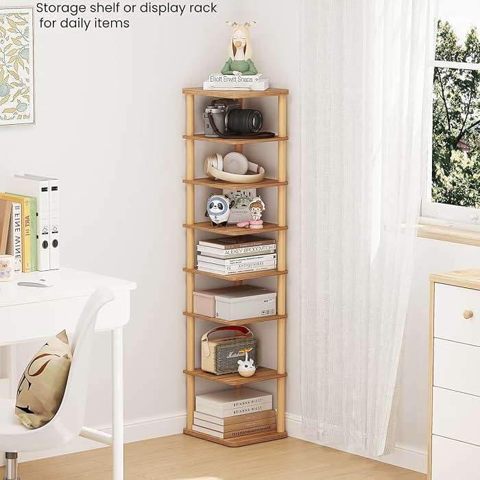 LUCKNOCK Vertical Shoe Rack, 8-Tier Tall Narrow Shoe Organizer for Entryway, Closet, Dorm & Small Spaces, Freestanding Wooden Shoe Shelf Tower for Boots, Sneakers, Heels. (Walnut) - Image 6