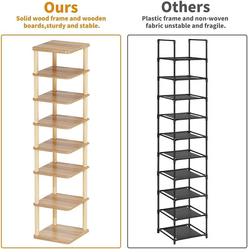 LUCKNOCK Vertical Shoe Rack, 8-Tier Tall Narrow Shoe Organizer for Entryway, Closet, Dorm & Small Spaces, Freestanding Wooden Shoe Shelf Tower for Boots, Sneakers, Heels. (Walnut) - Image 8