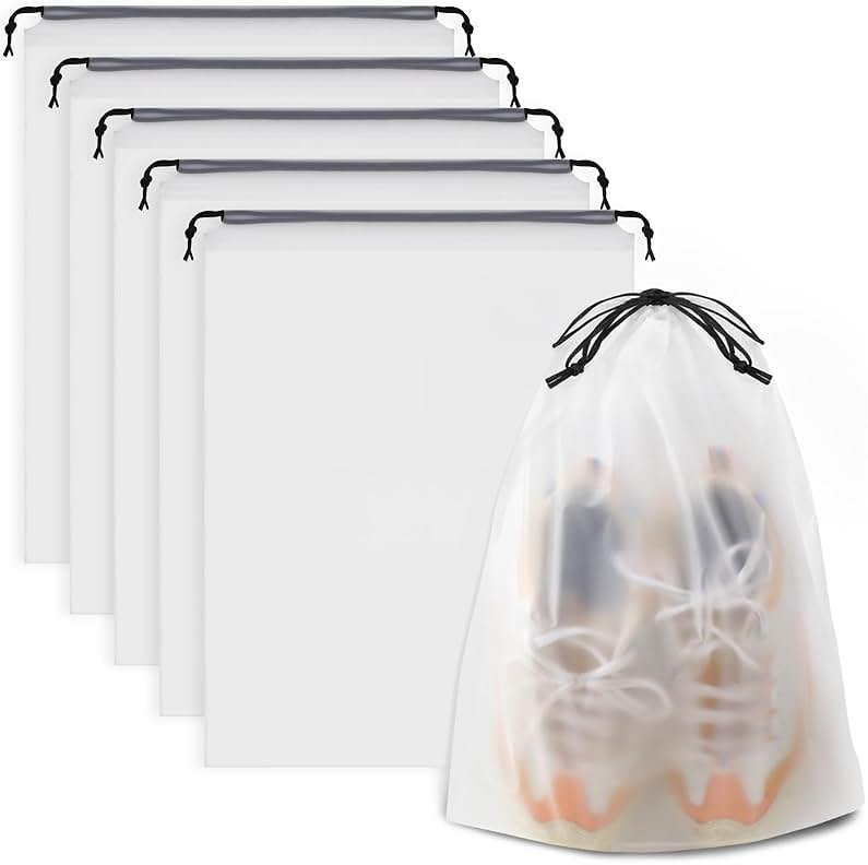 COIDEA, Waterproof Travel Drawstring Shoe Bags for Packing, Storage, Travel Essentials for Men and Women, 15.7 x 11.8 inches, Clear, 5 pieces - Product Image