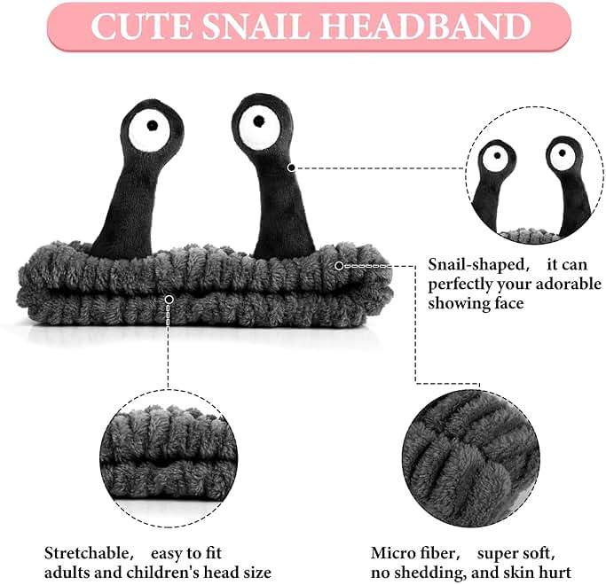WLLHYF Spa Headband Facial Makeup Head Band Microfiber Soft Coral Fleece Head Wraps Snail Cartoon Cute Hair Accessories Elastic Skincare Hair Band for Women Girls Washing Face Beauty (Black) - Image 3