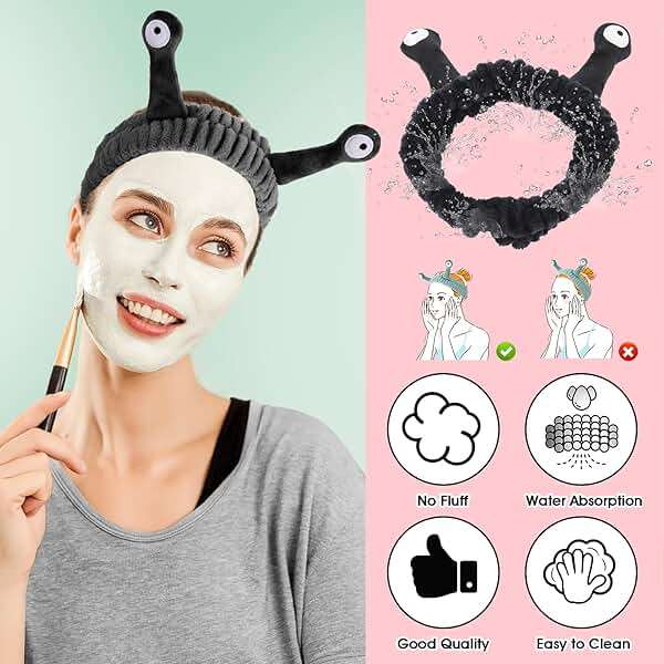 WLLHYF Spa Headband Facial Makeup Head Band Microfiber Soft Coral Fleece Head Wraps Snail Cartoon Cute Hair Accessories Elastic Skincare Hair Band for Women Girls Washing Face Beauty (Black) - Image 4