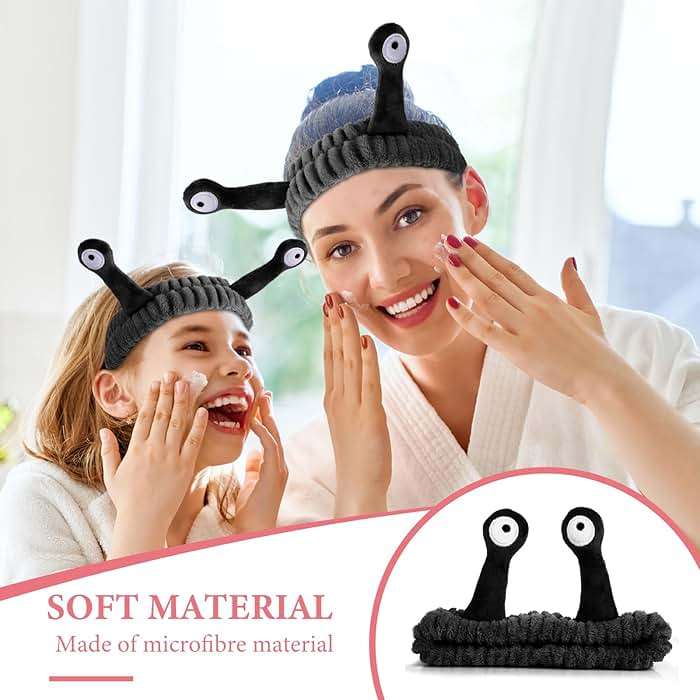 WLLHYF Spa Headband Facial Makeup Head Band Microfiber Soft Coral Fleece Head Wraps Snail Cartoon Cute Hair Accessories Elastic Skincare Hair Band for Women Girls Washing Face Beauty (Black) - Image 5