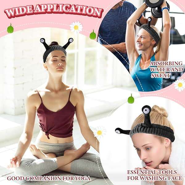 WLLHYF Spa Headband Facial Makeup Head Band Microfiber Soft Coral Fleece Head Wraps Snail Cartoon Cute Hair Accessories Elastic Skincare Hair Band for Women Girls Washing Face Beauty (Black) - Image 6