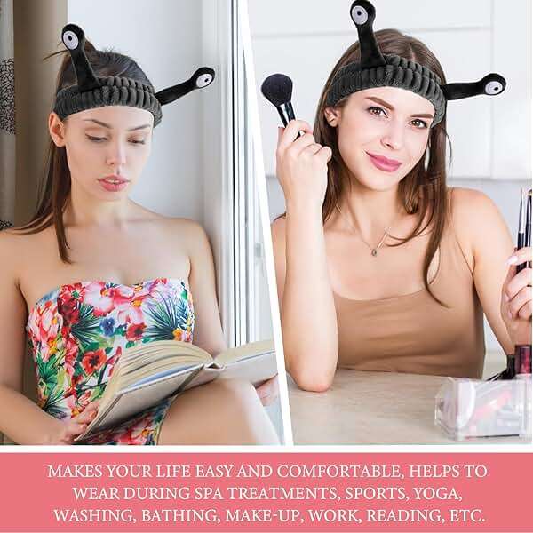 WLLHYF Spa Headband Facial Makeup Head Band Microfiber Soft Coral Fleece Head Wraps Snail Cartoon Cute Hair Accessories Elastic Skincare Hair Band for Women Girls Washing Face Beauty (Black) - Image 8