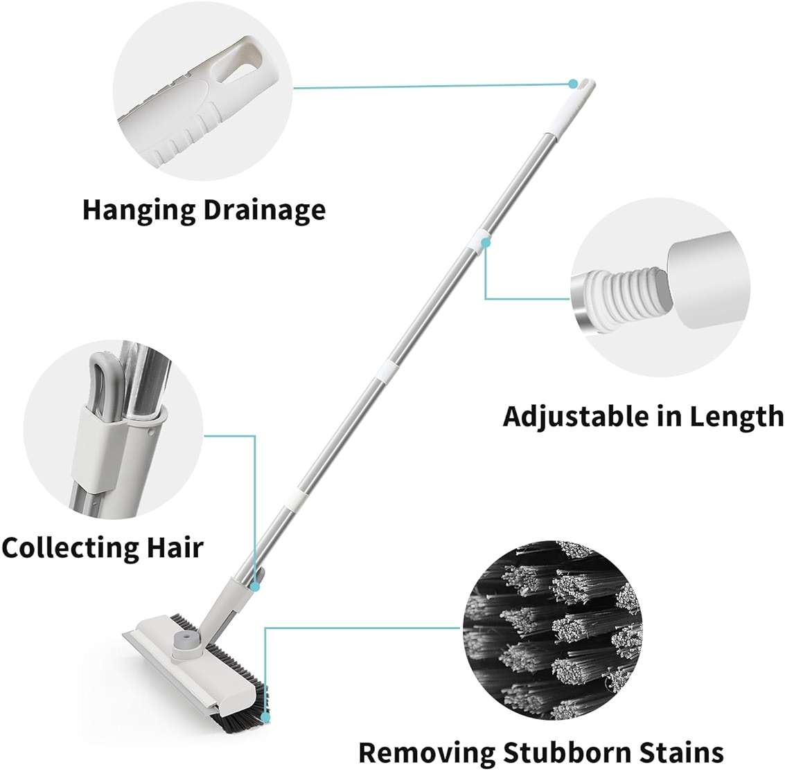 Floor Scrub Brush with Long Handle, 3 in 1 Scrape and Heavy-Duty Stiff Bristle Scrubber Brush Broom for Cleaning Shower Bathroom, Patio, Pool, Garage, Kitchen, Wall and Deck (White, 1 Pack) - Image 6