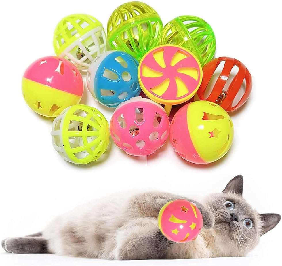 PETFAVORITES Cat Jingle Balls Toys 10Pcs 6 Styles for Indoor Cats - Plastic Lattice Cat Balls with Bells Kitten Rattle Toy, Gift Box and 1.5" - Image 1