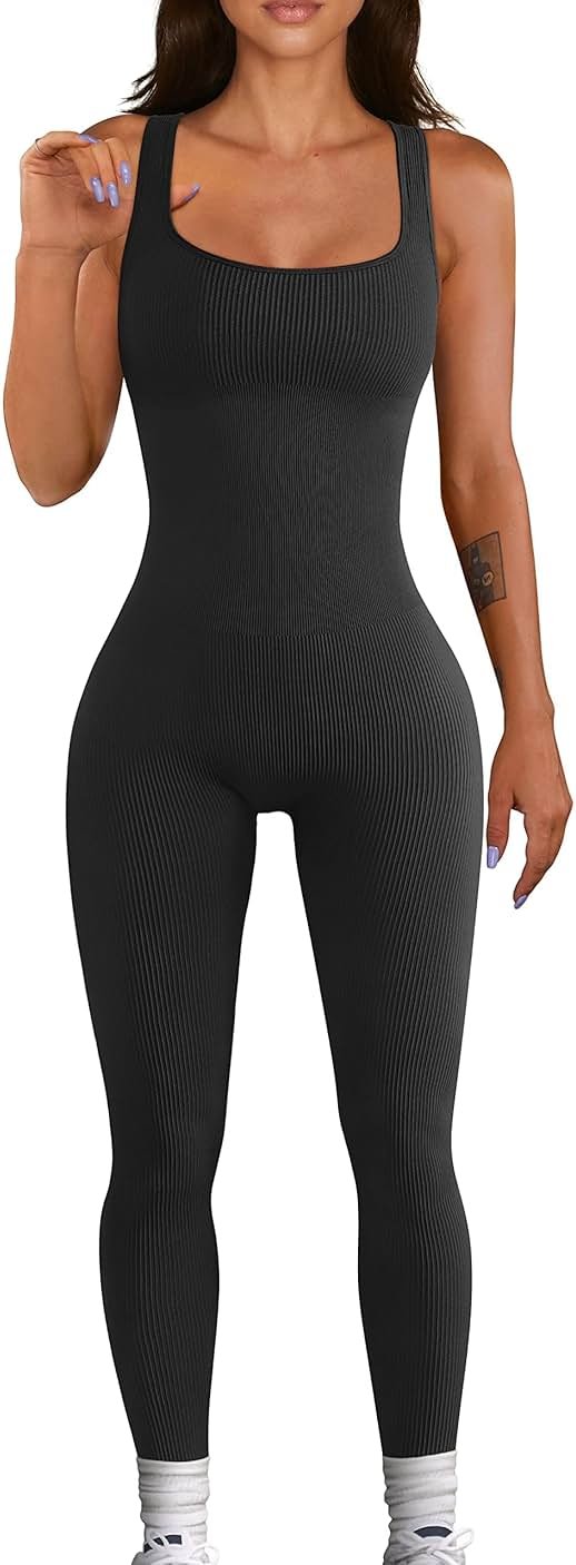 YIOIOIO Women Workout Seamless Jumpsuit Yoga Ribbed Bodycon One Piece Tank Top Leggings Romper - Product Image