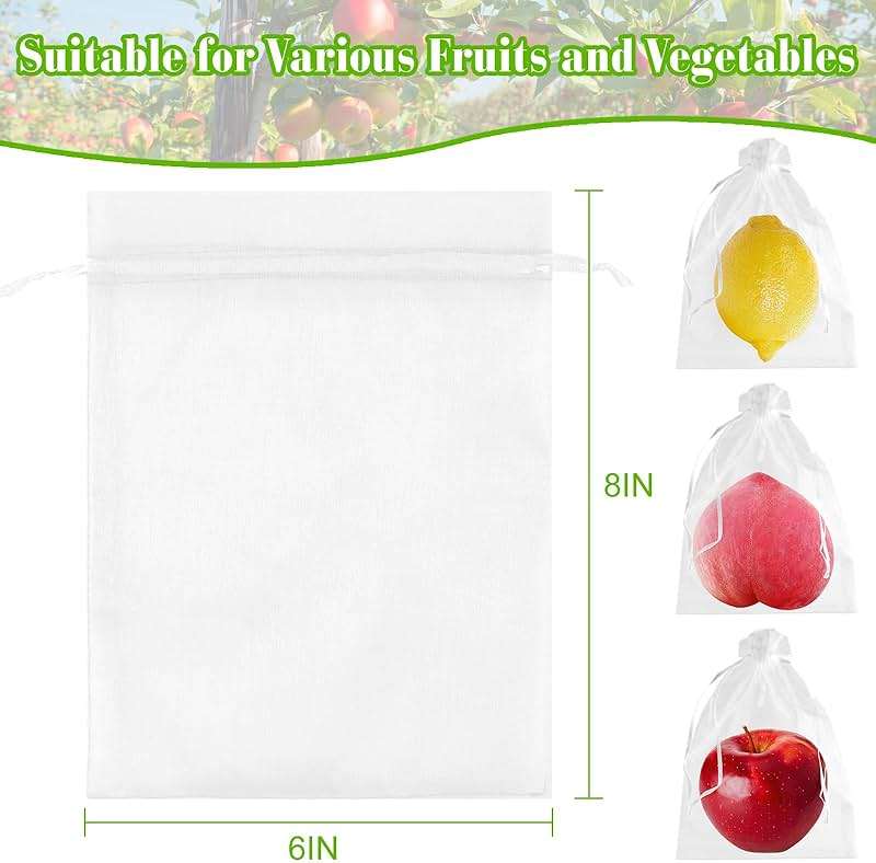 Morcheiong 60pcs Reusable Netting Mesh Bags - 6" x 8", Garden Fruit Protection with Drawstring (White) - Image 2