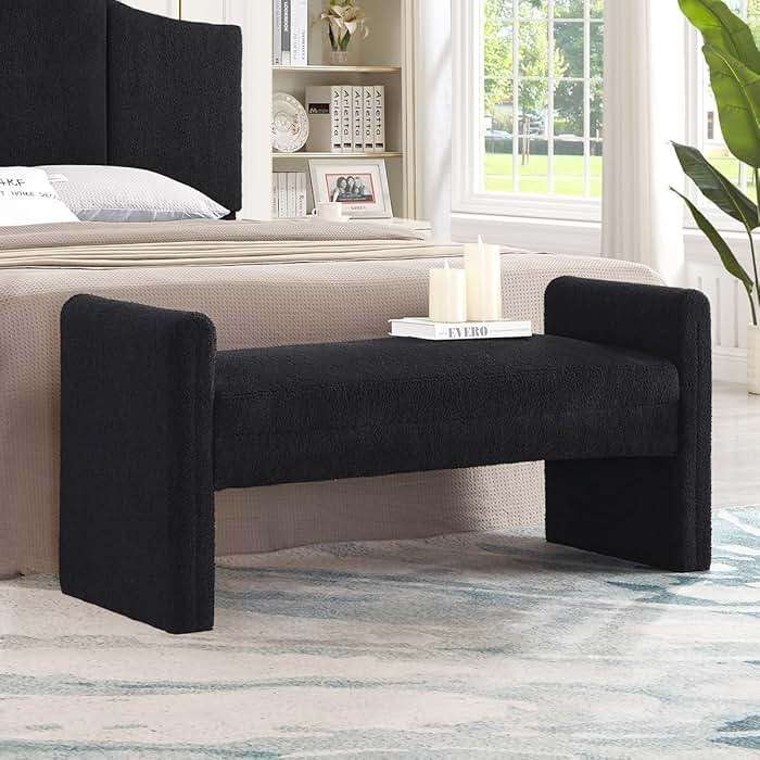 24KF Modern Upholstered Bed Bench Covered with Soft Boucle Teddy Fabric, Lovely Entryway Bench Ottoman with Armrest, 5062-Black - Image 1