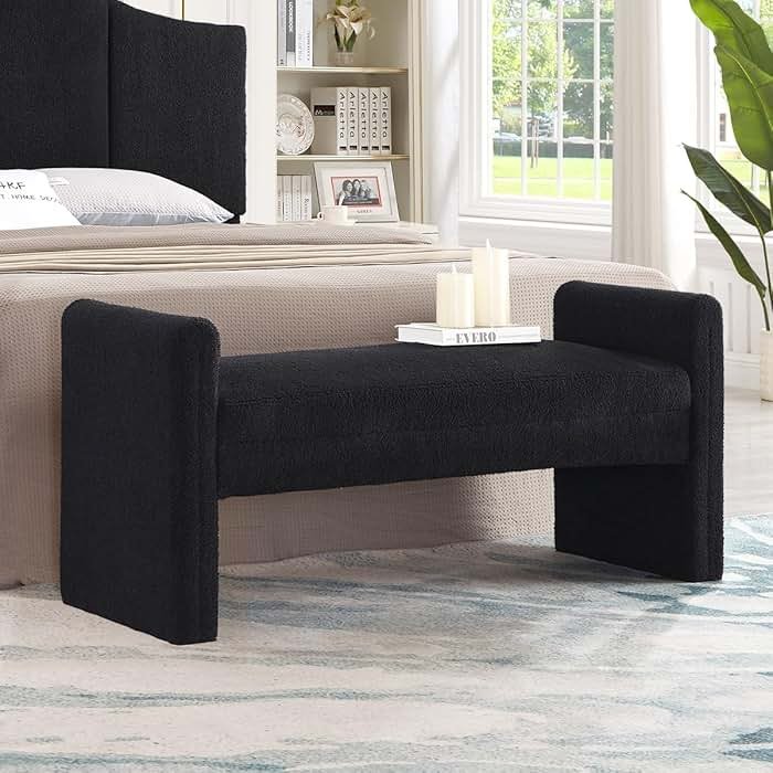 24KF Modern Upholstered Bed Bench Covered with Soft Boucle Teddy Fabric, Lovely Entryway Bench Ottoman with Armrest, 5062-Black - Product Image