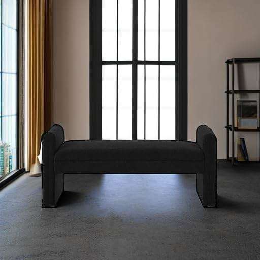 24KF Modern Upholstered Bed Bench Covered with Soft Boucle Teddy Fabric, Lovely Entryway Bench Ottoman with Armrest, 5062-Black - Image 6