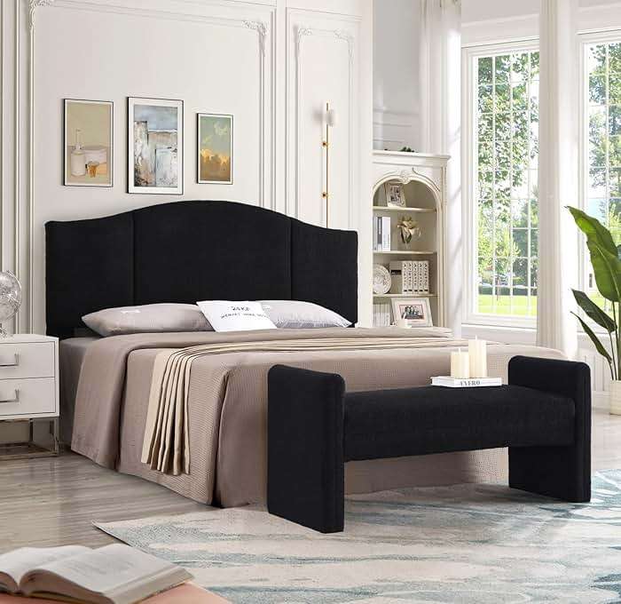 24KF Modern Upholstered Bed Bench Covered with Soft Boucle Teddy Fabric, Lovely Entryway Bench Ottoman with Armrest, 5062-Black - Image 9