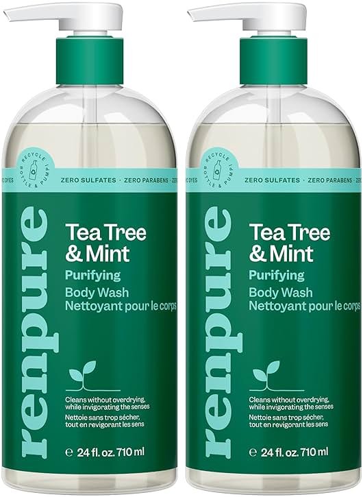 Renpure Tea Tree & Mint Body Wash - Cleanses, Invigorates & Refreshes Skin Without Over-Drying - For All Skin Types - Tea Tree Leaf Oil, Spearmint Leaf Oil - 24 Fl Oz each, 2 Pack - Product Image