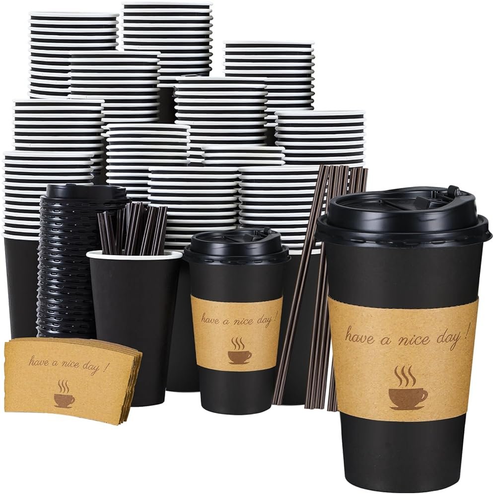 Lamosi 16 oz Coffee Cups 50 Pack, Disposable Coffee To Go Cups with Lids, Stir Sticks and Sleeves, 16 oz Black Hot Paper Cup for Home, Travel, Office - Product Image