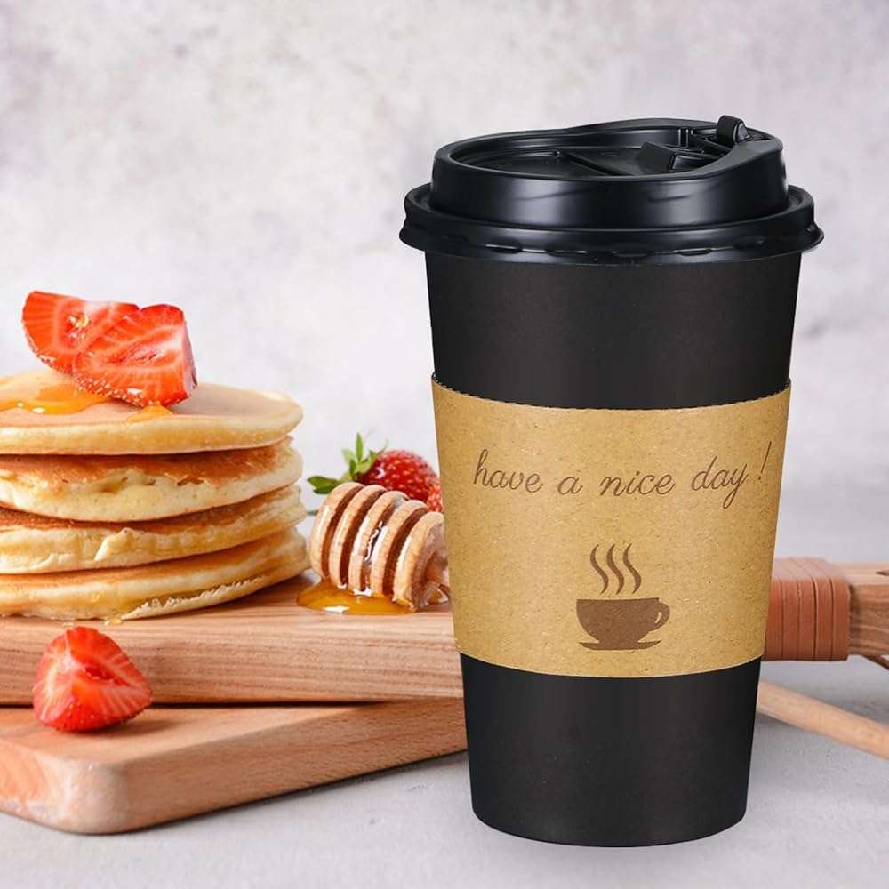 Lamosi 16 oz Coffee Cups 50 Pack, Disposable Coffee To Go Cups with Lids, Stir Sticks and Sleeves, 16 oz Black Hot Paper Cup for Home, Travel, Office - Image 4