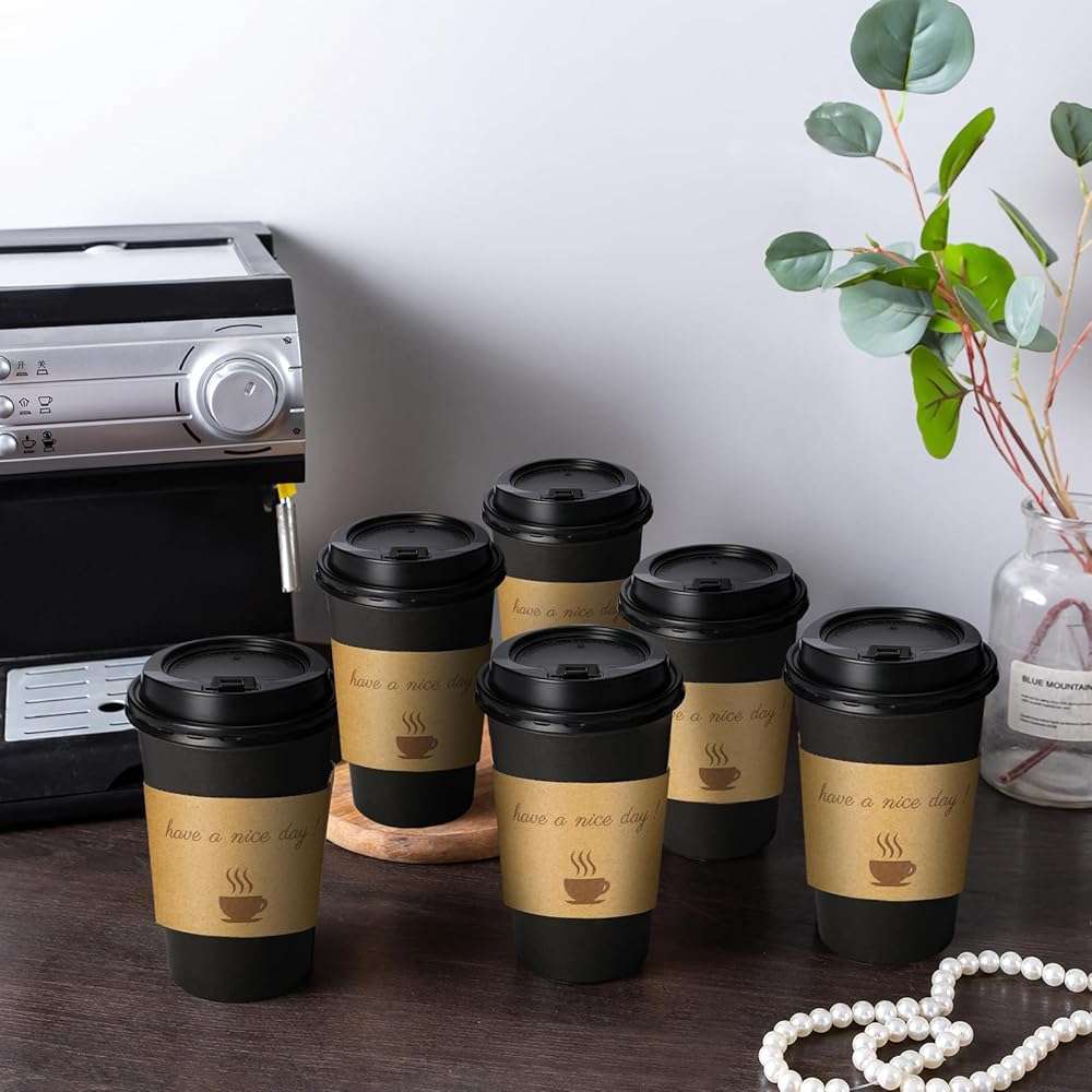 Lamosi 16 oz Coffee Cups 50 Pack, Disposable Coffee To Go Cups with Lids, Stir Sticks and Sleeves, 16 oz Black Hot Paper Cup for Home, Travel, Office - Image 6