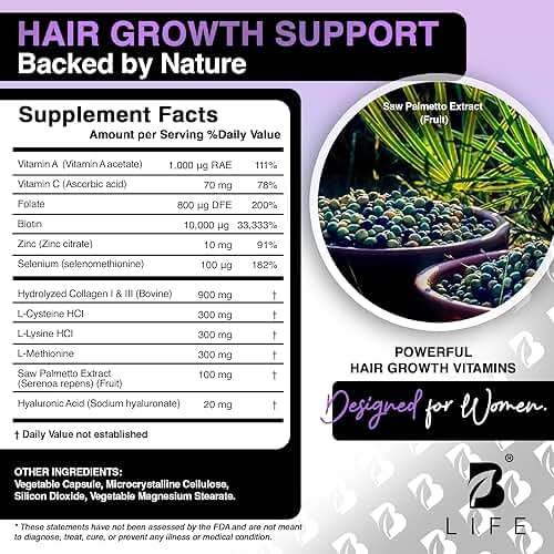 B Life Company Hair Vitamins for Hair Loss for Women – Biotin for Hair Growth – Hair Loss Treatments for Women – Healthy Hair Skin and Nails –240 Capsules – 60 Servings - Image 3