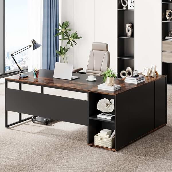 Tribesigns 71 inch Executive Desk, L Shaped Desk with Cabinet Storage, Executive Office Desk with Shelves, Business Furniture Workstation for Home Office, Brown and Black - Product Image
