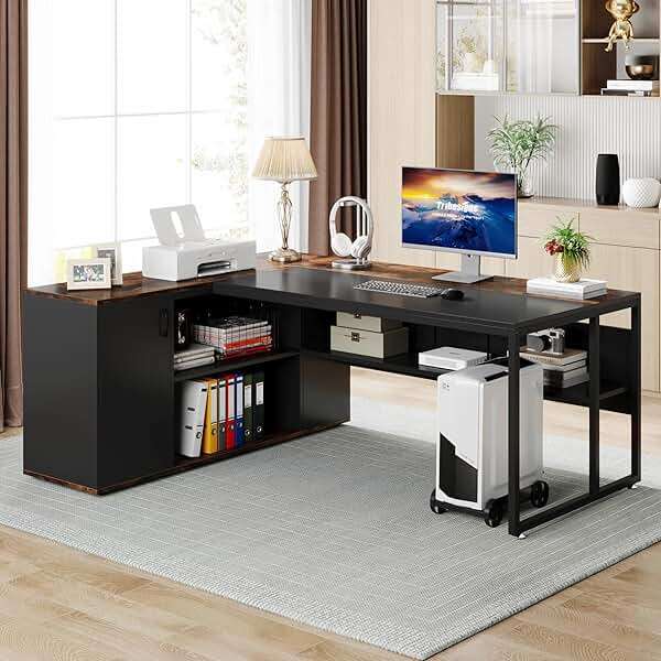 Tribesigns 71 inch Executive Desk, L Shaped Desk with Cabinet Storage, Executive Office Desk with Shelves, Business Furniture Workstation for Home Office, Brown and Black - Image 4