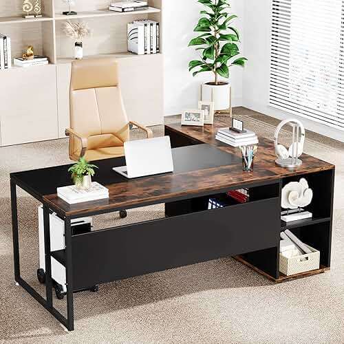 Tribesigns 71 inch Executive Desk, L Shaped Desk with Cabinet Storage, Executive Office Desk with Shelves, Business Furniture Workstation for Home Office, Brown and Black - Image 5