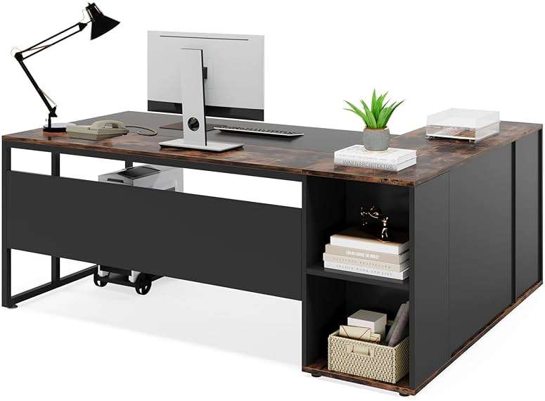 Tribesigns 71 inch Executive Desk, L Shaped Desk with Cabinet Storage, Executive Office Desk with Shelves, Business Furniture Workstation for Home Office, Brown and Black - Image 7