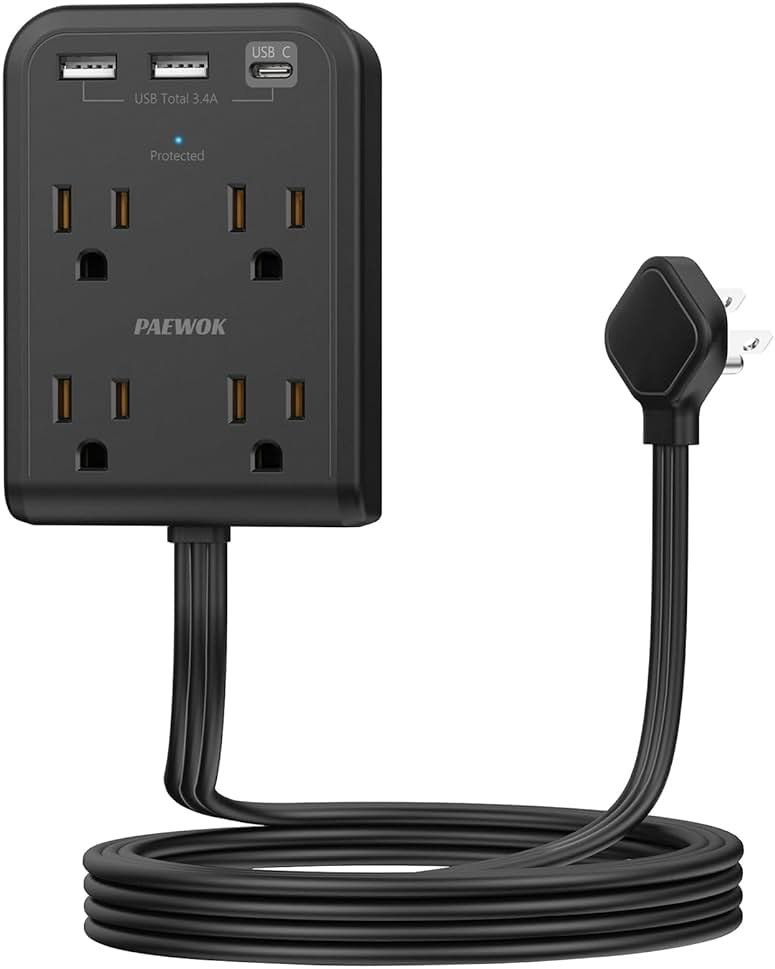 Flat Electrical Outlet Extender with USB C Ports, 4 Outlet 3 USB Wall Plug, 6 ft Ultra Thin Extension Cord, Flat Plug Power Strip Surge Protector for Home, Office. Black - Product Image