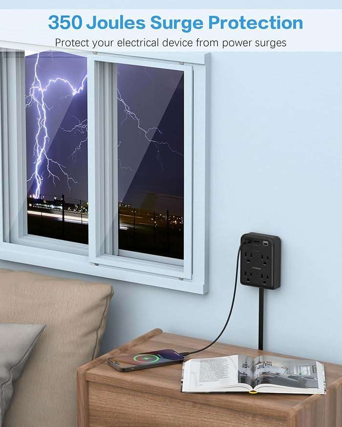 Flat Electrical Outlet Extender with USB C Ports, 4 Outlet 3 USB Wall Plug, 6 ft Ultra Thin Extension Cord, Flat Plug Power Strip Surge Protector for Home, Office. Black - Image 5